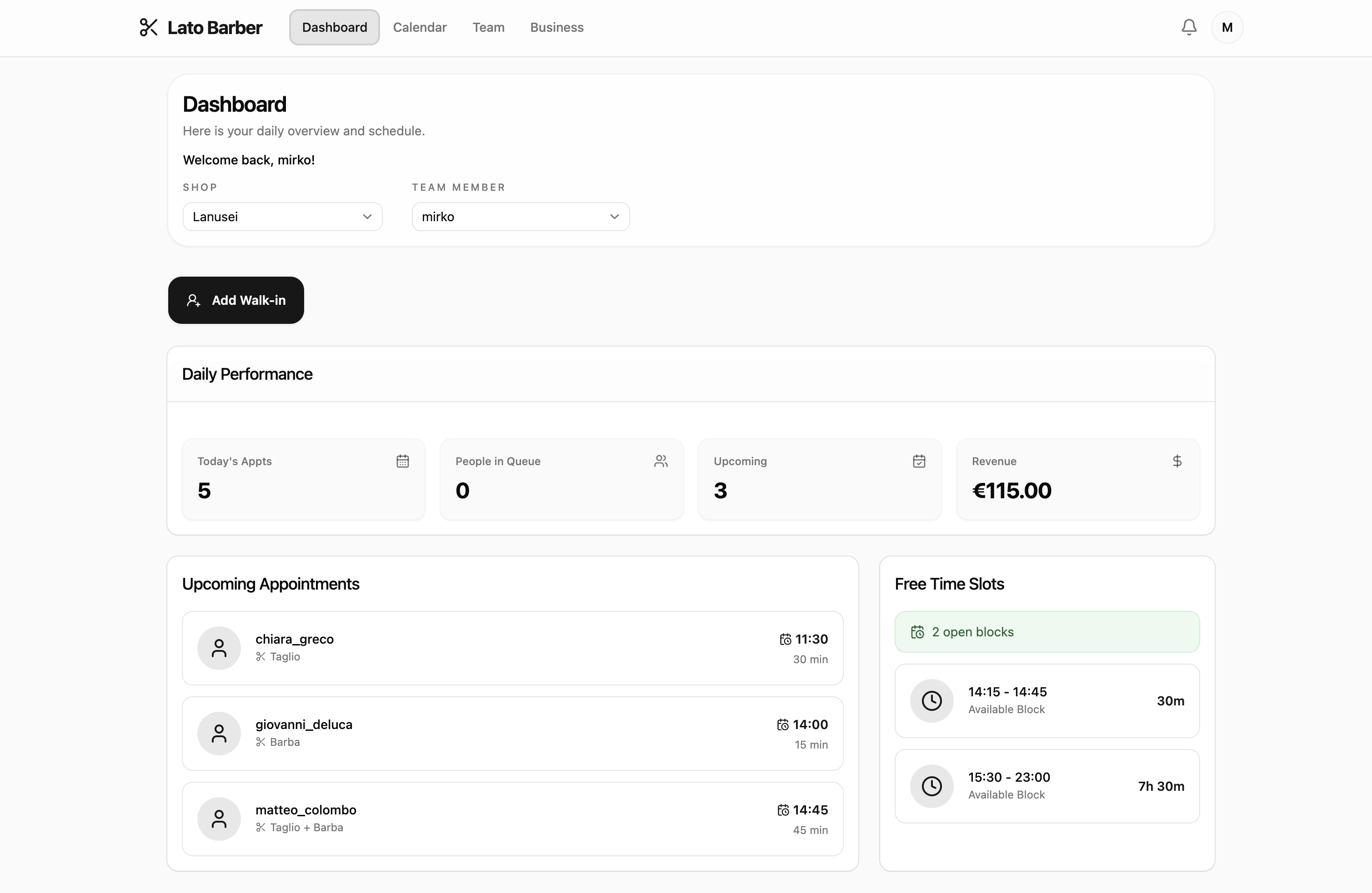 Barber Booking and Management SaaS dashboard screenshot